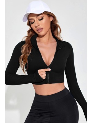 Kadın Siyah Uzun Kol Fermuarlı Parmak Geçme Detaylı Dik Yaka Crop Top Bluz