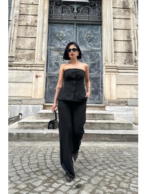 Nidam Butik Siyah Straplez Düğmeli Crop ve Pantolon Takım