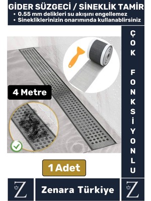 Zenara Suya Dayanıklı 0.55 mm Delikli Sineklik Tamir Kiti Gider Süzgeci Saç Kıl Ayırıcı 12 cm x 4 Metre