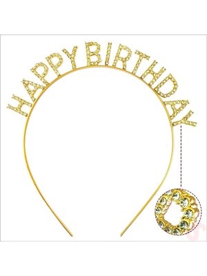 Altın Gold Renk Kristal Taşlı Parlak Happy Birthday Taç 16X17 cm