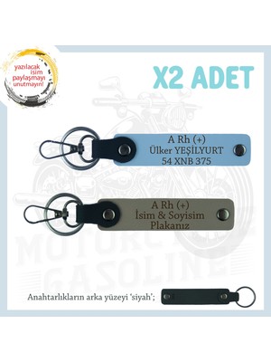 Motosiklet Aşıkları Için Isim Plaka ve A Rh (+) Kan Grubu Yazılı X2 Anahtarlık Set, Kül Gri-Mavi-Syh