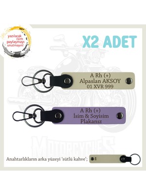 Motorcu Dostlara Özel, Isim Plaka ve A Rh (+) Kan Grubu Hediye X2' Li Anahtarlıklar, Mor-S Kahve-Sk