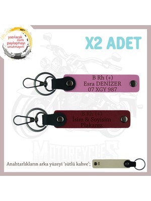 Motorcuya Isim Plaka ve B Rh (+) Kan Grubu Yazılı Anlamlı Hediye, Deri X2 Anahtarlık, Pembe-Bordo-Sk