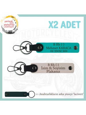 Tek Teker, Isim Plaka ve B Rh (-) Kan Grubu Yazılı Kişiye Özel X2 Anahtarlık, Pudra-K Turkuaz-Laci
