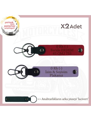 Yol Arkadaşlarına Özel, Isim Plaka ve 0 Rh (-) Kan Grubu Kişisel X2' Li Anahtarlık, Mor-Kırmızı-Laci