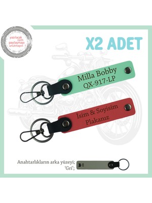 Biker Dostlarına, Üzerinde Isim ve Plaka Yazılı, Motorcu Anahtarlık X2' Li , Nar Çiçeği-Yeşil-Gr