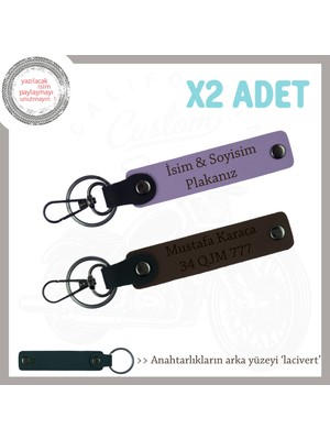 Kurye ve Motorculara Uygun Isim ve Plaka Yazılı X2 Deri Anahtarlık Hediye, Mor Menekşe-K Kahve-Laci