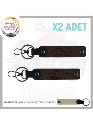 Biker Tarzına Özel, Isim Plaka ve A Rh (+) Kan Grubu Yazılı Hediye X2 Anahtarlık Takım, K Kahve-Sk