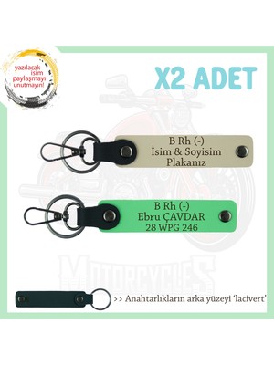 Motorcu Tarzı Plakalı & Isimli Deri X2' Li Anahtarlık,  B Rh (-) Kan Grubu Ile, S Kahve-F Yeşil-Laci