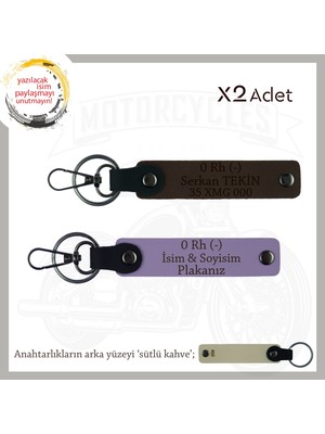 Motorcu Dostlara Hediye Isim Plaka ve 0 Rh (-) Kan Grubu Yazılı X2' Li Anahtarlık, Mor-K Kahve-Sk