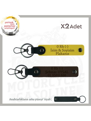 Ilk Motoru Olana Hediye, Isim Plaka ve 0 Rh (-) Kan Grubu Yazılı 2'li Anahtarlık, Sarı-K Kahve-Syh