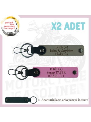 Motorcu Yolculara Özel, Isim Plaka ve B Rh (+) Kan Grubu Yazılı X2 Anahtarlık, Kül Gri-Pembe-Laci