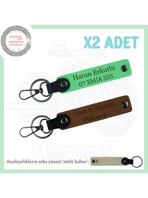 Motorsiklet Tutkunlarına Hediye, Isim Plaka Yazılı X2'li Deri Anahtarlık Seti, Kahve-F Yeşil-Sk