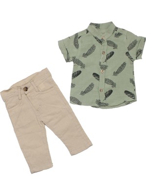 Erkek Bebek Yeşil Bej Müslin Tüy Desenli Gömlekli 2'li Takım - 1015753