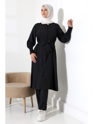 Kadın Gizli Fermuarlı Yandan Yırtmaçlı Gipeli Hac Umre Kıyafeti Tesettür Ikili Takım Siyah