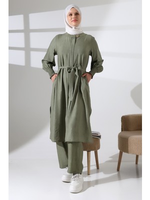 Kadın Gizli Fermuarlı Yandan Yırtmaçlı Gipeli Hac Umre Kıyafeti Tesettür Ikili Takım Haki
