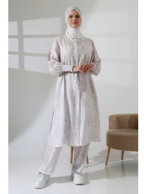 Kadın Gizli Fermuarlı Yandan Yırtmaçlı Gipeli Hac Umre Kıyafeti Tesettür Ikili Takım Ekru