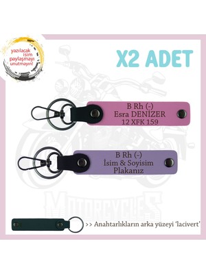 Motor Severlere Özel, Isim Plaka ve B Rh (-) Kan Grubu Yazılı X2'li Anahtarlık Takım, Mor-Pembe-Laci