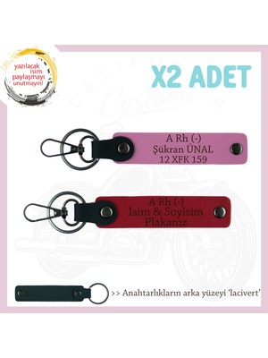 Motosiklet Aşıkları Için, Isim Plaka ve A Rh (-) Kan Grubu Yazılı X2 Anahtarlık, Kırmızı-Pembe-Laci
