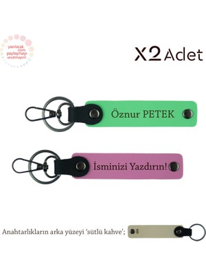 Öğrenciye Yılbaşı Hediyesi Isim Yazılı 2’li Anahtarlık Hediye Takımı, Pembe-Fıstık Yeşil-Sütlü Kahve