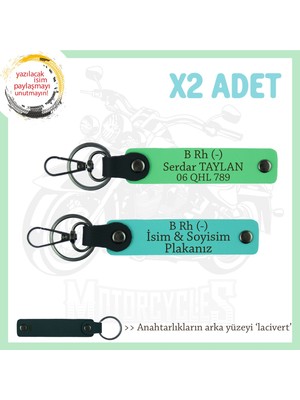 Biker Stiline Özel, Isim Plaka ve B Rh (-) Kan Grubu Yazılı Deri X2 Anahtarlık, Turkuaz-F Yeşil-Laci
