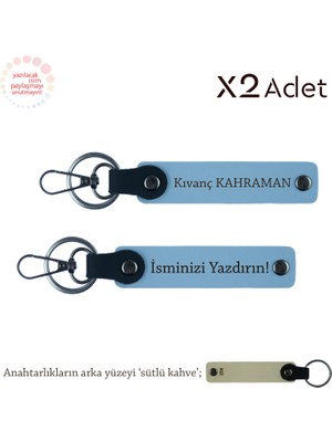 Mezuniyete Anlamlı Hediye, Isim & Soyisim Yazılı 2’li Anahtarlık Seti, Gök Mavi-Sütlü Kahve
