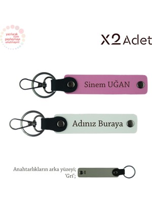 Babaya Doğum Günü Sürprizi, Isim Soyisimli 2’li Anahtarlık Takımı, Beyaz-Pembe-Gri