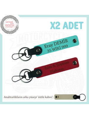 Motorculara Özel Üretilmiş, Isim ve Plaka Yazılı Kişisel X2' Li Anahtarlık Set, Kırmızı-Turkuaz-Sk
