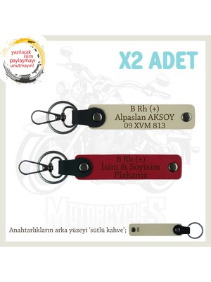 Biker Dostlarına Özel Isim Plaka ve B Rh + Kan Grubu Yazılı Hediye X2 Anahtarlık, Kırmızı-S Kahve-Sk