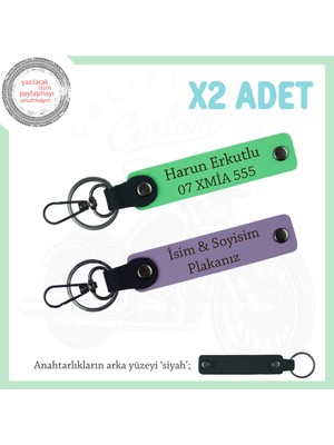 Motor Tutkunlarına Isim ve Plaka Yazılı Özel Üretim X2 Deri Anahtarlık, Hediyelik, Mor-F Yeşil-Syh