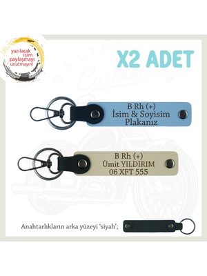 Motorcu Tarzına Uygun, Isim Plaka ve B Rh (+) Kan Grubu Yazılı X2 Anahtarlık Set, Mavi-S Kahve-Syh