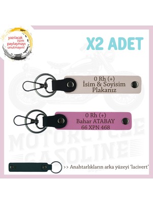 Motorcuya, Isim Plaka ve 0 Rh (+) Kan Grubu Yazılı Özel Tasarım Deri X2 Anahtarlık, Pudra-Pembe-Laci
