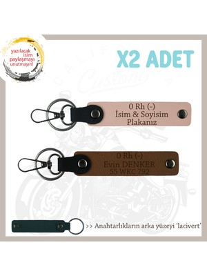 Motorcu Tarzına Özel, Isim Plaka ve 0 Rh (-) Kan Grubu Işlenmiş X2 Anahtarlık, Yavruağzı-Kahve-Laci