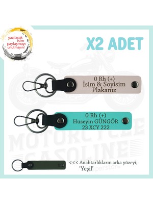 Motorcu Yolculara Özel Isim Plaka ve 0 Rh (+) Kan Grubu Yazılı Deri X2 Anahtarlık, Pudra-Turkuaz-Ysl