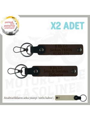 Biker Tarzına Özel, Isim Plaka ve B Rh (+) Kan Grubu Yazılı Hediye X2 Anahtarlık Takım, K Kahve-Sk