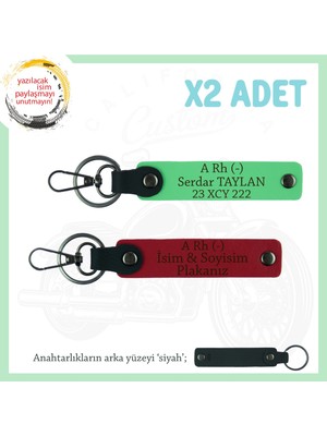 Motor Tutkunlarına, Isim Plaka ve A Rh (-) Kan Grubu Yazılı X2 Anahtarlık Set, Kırmızı-F Yeşil-Syh
