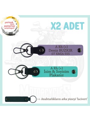 Motosiklet Aşıkları, Isim Plaka ve A Rh (+) Kan Grubu Acil Durum X2' Li Anahtarlık, Mor-Turkuaz-Laci
