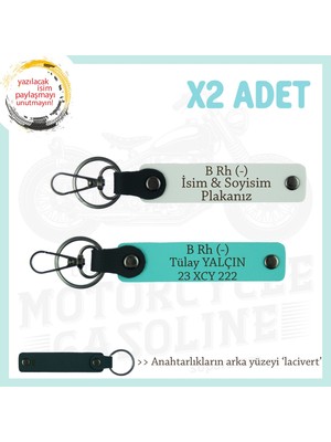 Motor Severler Için, Isim Plaka ve B Rh (-) Kan Grubu X2' Li Anahtarlık, Hediye , Beyaz-Turkuaz-Laci