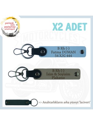 Motosiklet Aşıkları Için, Isim Plaka ve B Rh (-) Kan Grubu Yazılı 2'li Anahtarlık, Kül Gri-Mavi-Laci