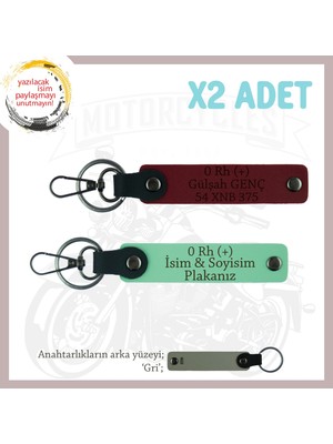 Motorcu Dostlara Özel, Isim Plaka ve 0 Rh (+) Kan Grubu Yazılı X2 Anahtarlık Set, Yeşil-Bordo-Gr