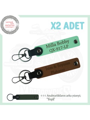 Plaka ve Isim Yazılı, Kişiye Özel 2’li Deri Anahtarlık, Motor Severlere Hediye, Kahve-Yeşil-Ysl