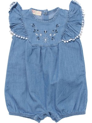 Kız Bebek Mavi Çiçek Nakışlı Fırfırlı Fistolu Nakışlı Kot Tulum - 1015750