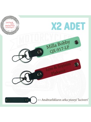 Tüm Şöförler Için, Isim ve Plaka Yazılı Çok Anlamlı Hediye X2'li Anahtarlık Set, Kırmızı-Yeşil-Laci