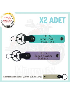 Motosiklet Aşıkları Için, Isim Plaka ve 0 Rh (+) Kan Grubu, Acil Durum X2 Anahtarlık, Mor-Turkuaz-Sk