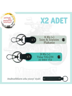 Araç Severlere, Isim Plaka ve B Rh (+) Yazılı Özel Tasarım X2 Anahtarlık, Hediye , Beyaz-Turkuaz-Syh
