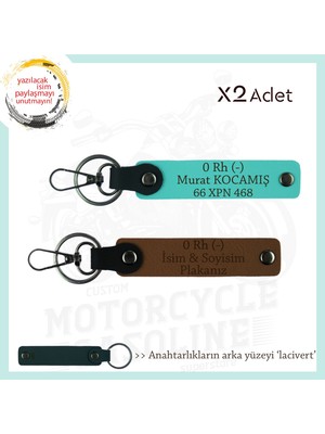 Motorcular Için, Isim Plaka ve 0 Rh (-) Kan Grubu Yazılı Kişisel X2 Anahtarlık, Kahve-Turkuaz-Laci