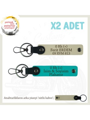 Motorda Tarz Hediye, Isim Plaka ve 0 Rh (+) Kan Grubu Yazılı 2'li Anahtarlık, K Turkuaz-S Kahve-Sk