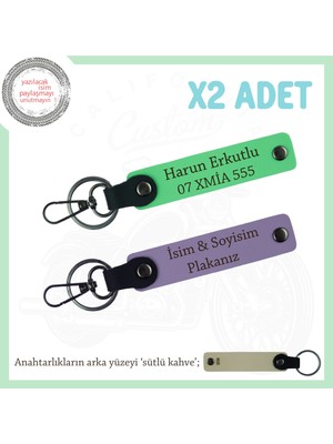 Doğum Gününe, Isim ve Plaka Yazılı Hediyelik, Deri X2 Anahtarlık Takım, Mor Menekşe-F Yeşil-Sk