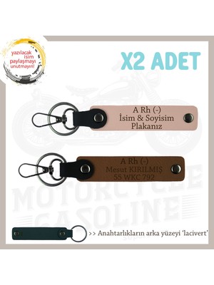 Motorcu Friends Hediye, Isim Plaka ve A Rh (-) Kan Grubu Yazılı X2 Anahtarlık, Yavruağzı-Beyaz-Laci