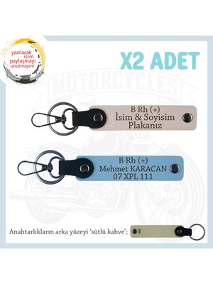 Motorcu Tarzına Özel, Isim Plaka ve B Rh (+) Kan Grubu Yazılı Hediyelik X2 Anahtarlık, Pudra-Mavi-Sk